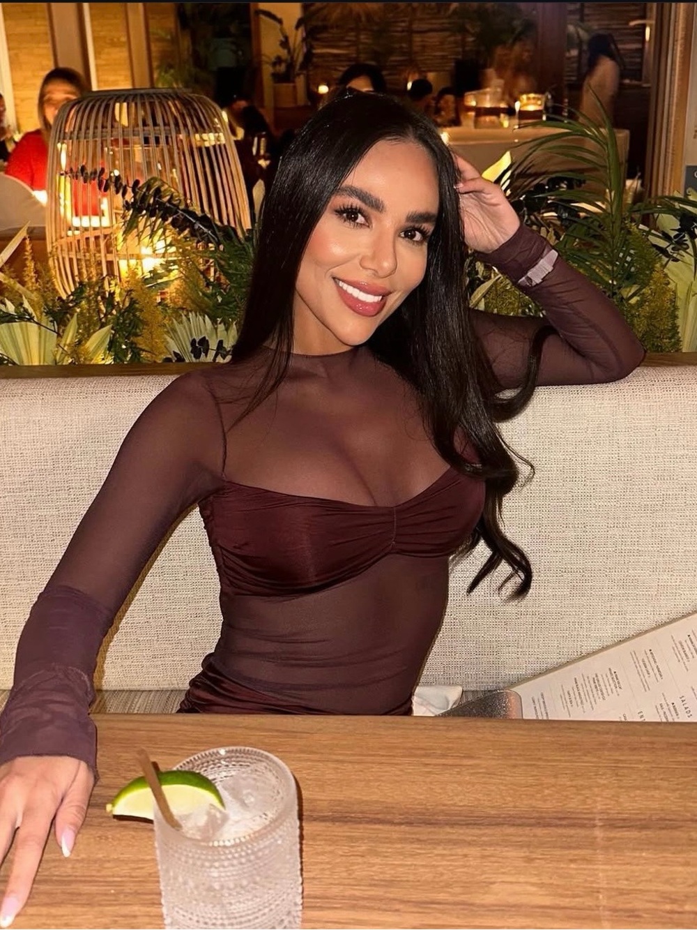 Oh Polly Sheer Long-Sleeve Ruched Mini Dress in Deep Brown - Picture 4 of 4